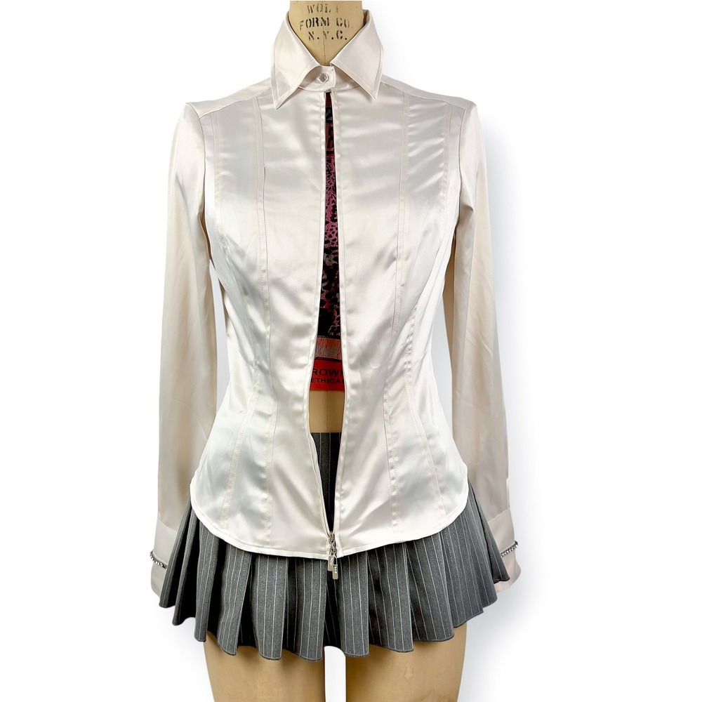 Y2K Cache Satin Zip Up Blouse Rhinestone Cuffs Tailored Eclectic Uniform Size S